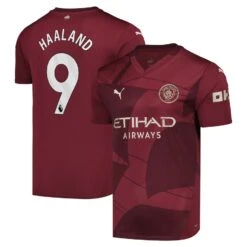 Men’s Erling Haaland Manchester City Puma 2024/25 Third Replica Blank Jersey – Burgundy