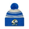 Los Angeles Rams New Era 2022 Sideline Official Sport Cuffed Pom Knit Hat – Cream/Royal
