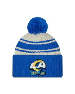 Los Angeles Rams New Era 2022 Sideline Official Sport Cuffed Pom Knit Hat – Cream/Royal