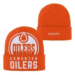 Youth Edmonton Oilers Mitchell & Ness Knockout Orange Cuffed Knit Beanie