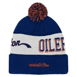 Youth Edmonton Oilers Mitchell & Ness Block Sweep Cuffed Knit Beanie With Pom -SportsCloset Clothing N5BOFHLF 001 OIL OILERS B1