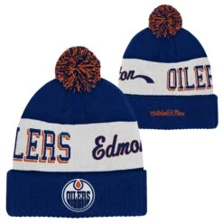 Youth Edmonton Oilers Mitchell & Ness Block Sweep Cuffed Knit Beanie With Pom