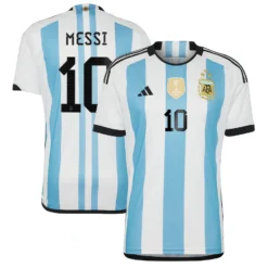 Men’s Adidas Argentina National Team Lionel Messi 2022 World Cup Winners Home Replica Jersey – White/Light Blue