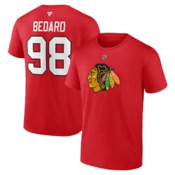 Men’sChicago Blackhawks Connor Bedard Fanatics Home Team Authentic Name & Number T-Shirt – Red